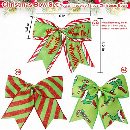 Red Green Christmas Bows - 12 Pack - 6 Inch Large Wreaths Bows for Tree Gift Wrapping Garland - Holiday Party Crafts Xmas Tree Ribbon Ornaments