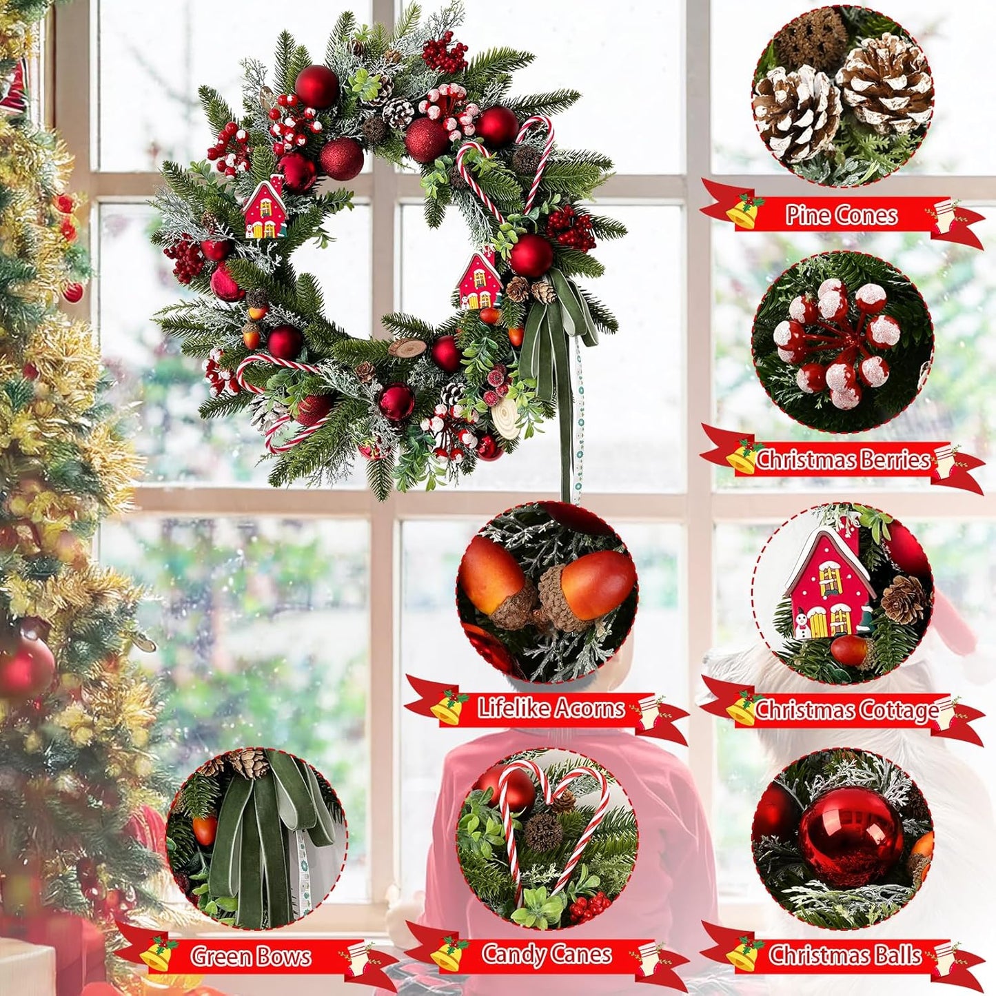 Christmas Wreath with Candy Canes, Ornaments, Pine Cones, Berries & Bow - Indoor/Outdoor Wall Decor