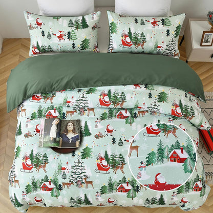 Christmas Tree Deer Queen Size Duvet Cover Set - Green