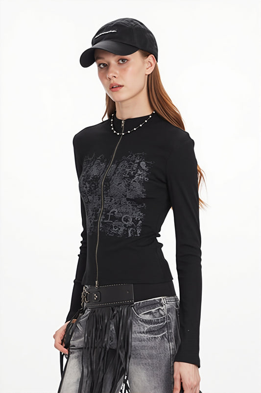 Graphic Print Fitted Zip Up Sweatshirt