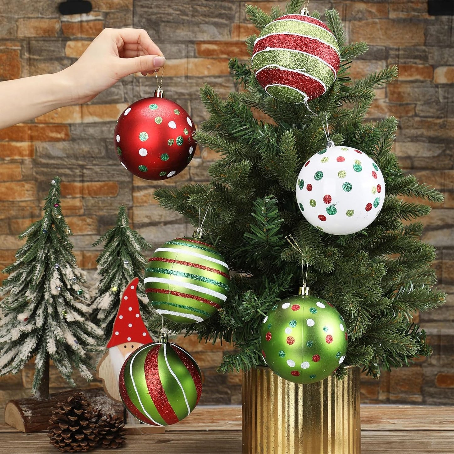 Christmas Tree Ornaments - Glitter Red Green White Hanging Ball Large Plastic Elf Balls Swirl Candy Cane Peppermint Big Pendants Baubles for Holidays Xmas Tree Decoration