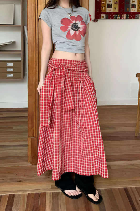 Color Block Plaid Tie Side Zip Loose Skirt