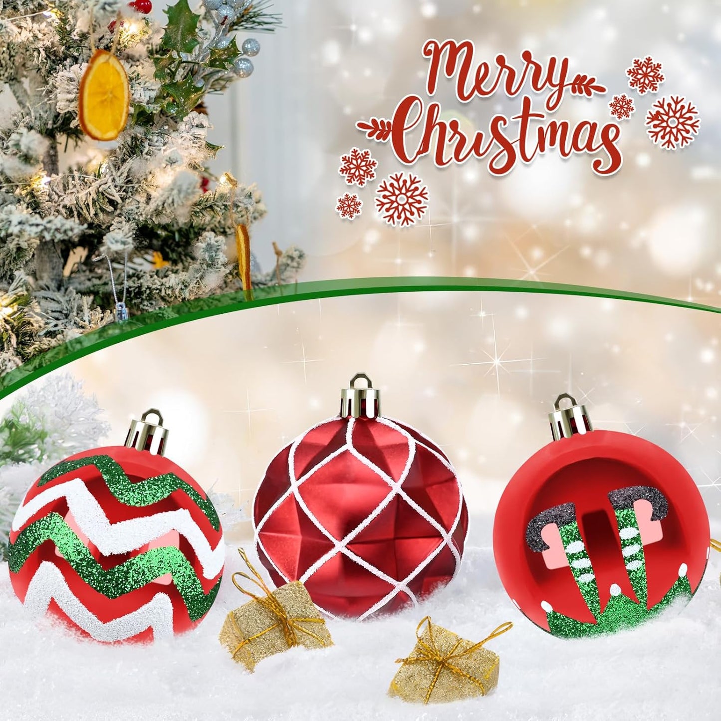 Shatterproof Christmas Ornaments - Red Green White - 16PCS - 2.36" - Xmas Tree Decoration