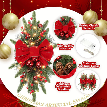 24" Christmas Artificial Swag with Cordless Prelit Teardrop Trim - for Stairway, Door, or Garland