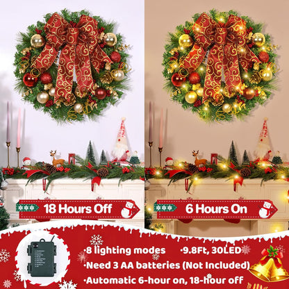 Christmas Wreath with Red Bow and Christmas Ball Decorations - Front Door and Home Wall Windows