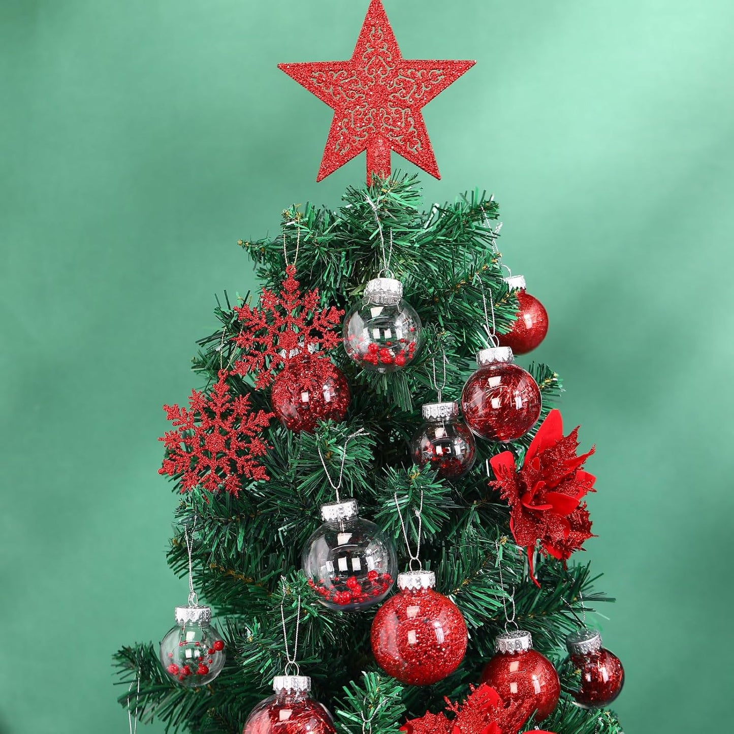 Christmas Ball Ornaments Set with Snowflakes Ribbons and Poinsettia Tree Topper - Red