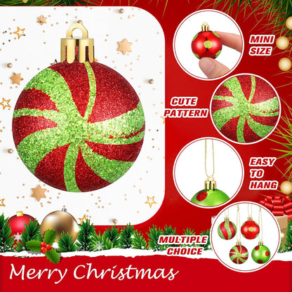 Mini Red and Lime Green Christmas Balls Ornaments - 54 Pcs - 1.18 inch Xmas Striped Dots - Shatterproof Plastic Hanging Ornaments for Tree Party Holiday Decorations