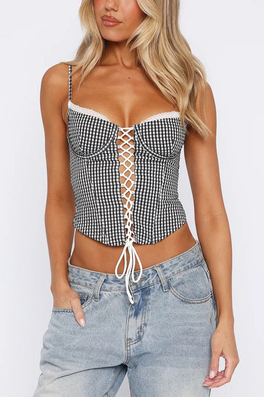 Fresh Plaid Tie Lace Slim Cami Top
