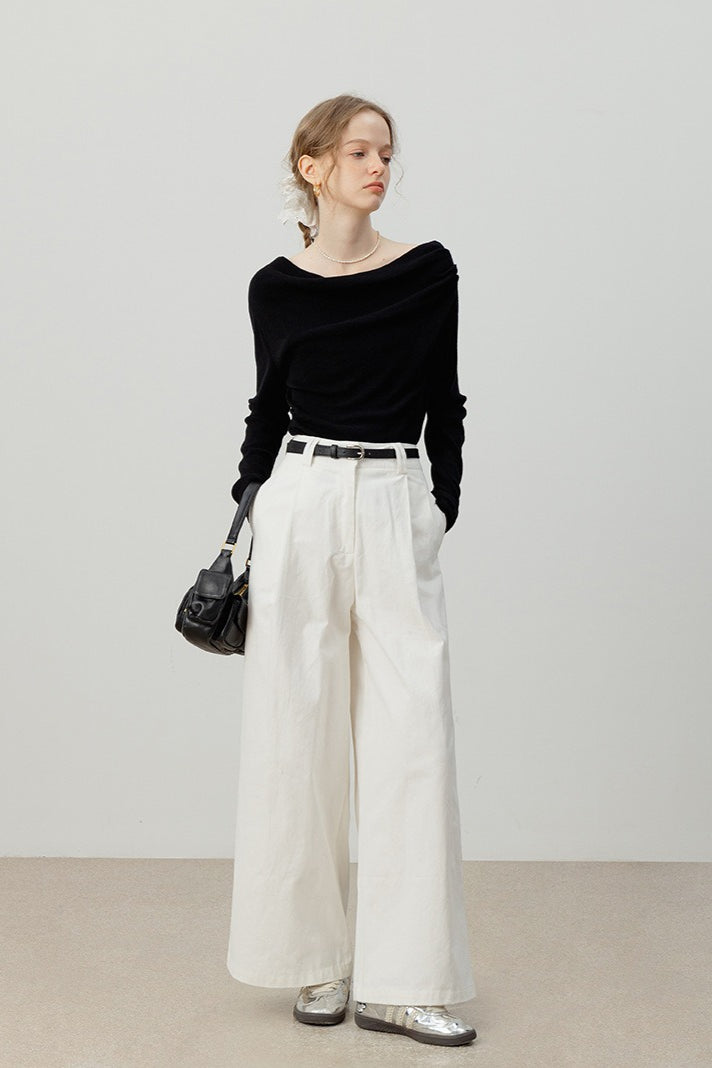 Off-Shoulder Draped Collar Waist-Cinched Knit Top