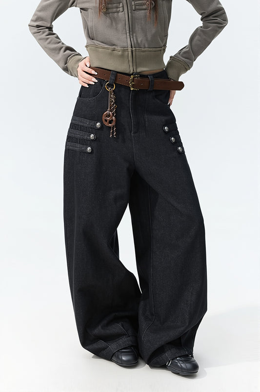 Double Button Side Wide Leg Jeans