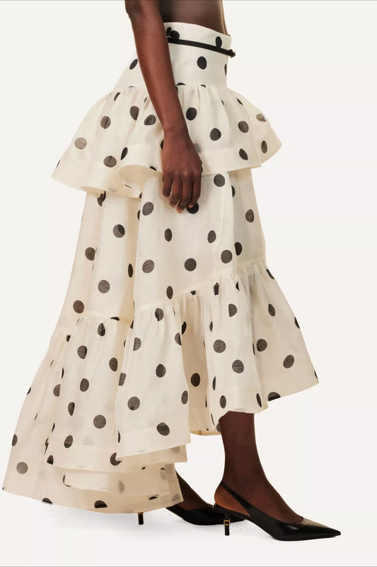 Tiered Ruffle Polka Dot Midi Skirt