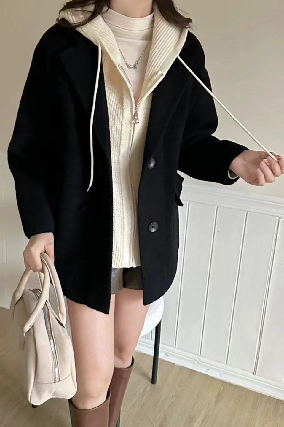 Layered-Look Wool Blend Loose Slim-Fit Knit Cardigan Coat Black / One Size