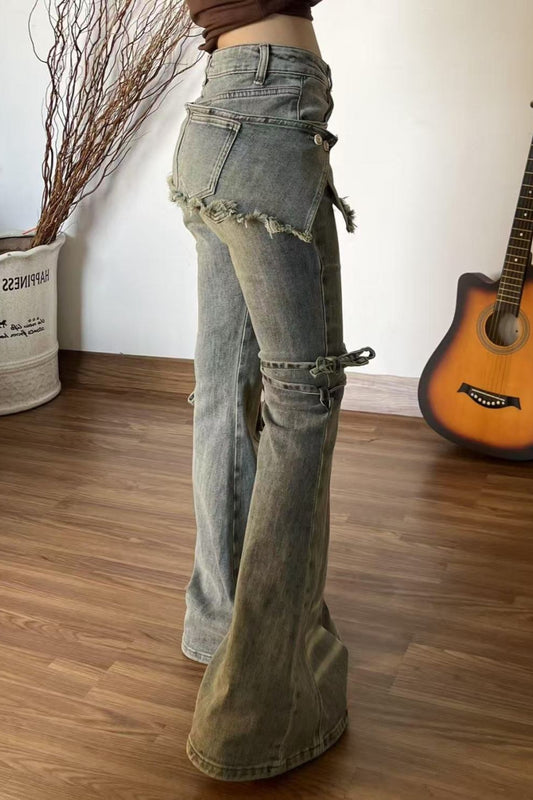 Vintage Fake Two Piece Bootcut Tie Waist Jeans