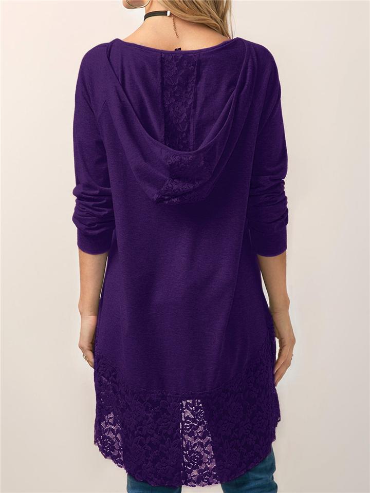 Long With Women Lace Patchwork Arm T-shirt Hood