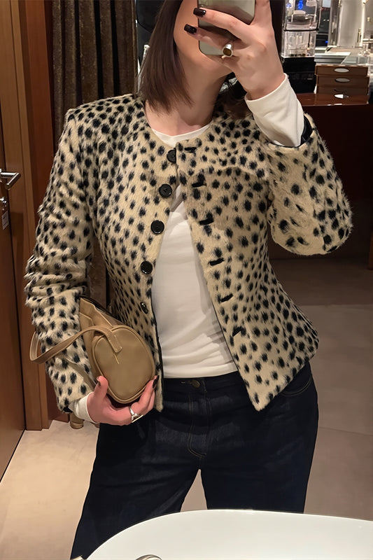 Leopard Print Round Neck Button Jacket