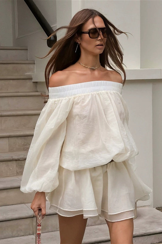 Off Shoulder Balloon Sleeve Ruffle Mini Dress