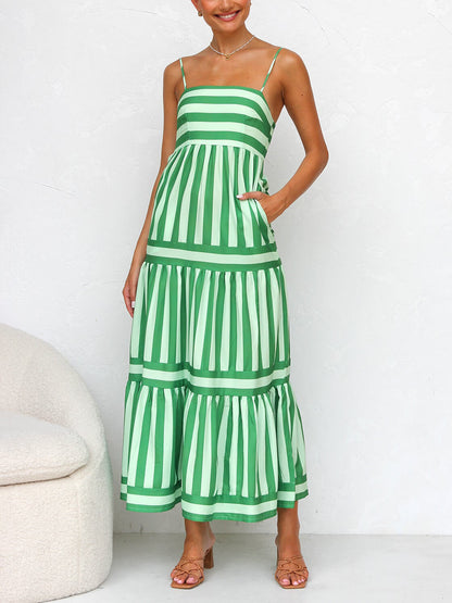 Suspender Open Back Striped Graceful Positioning Print Pocket Midi Dress