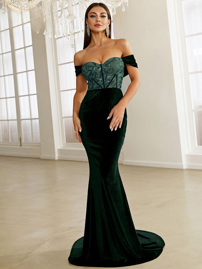 Green Velvet Evening Dress Elegant Off Shoulder Sequin Bodycon Maxi Christmas Party Dress