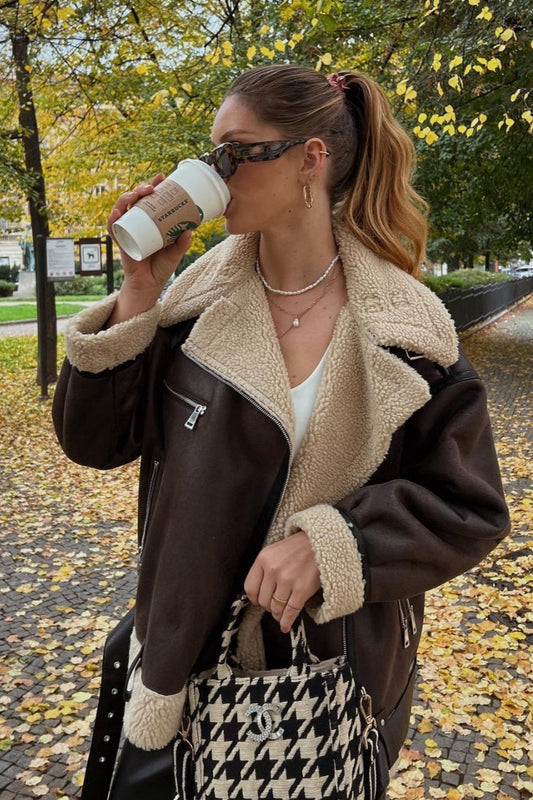 Multi Zip Faux Shearling Longline Jacket