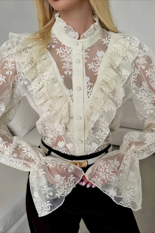 Ruffle Trim Sheer Lace Blouse