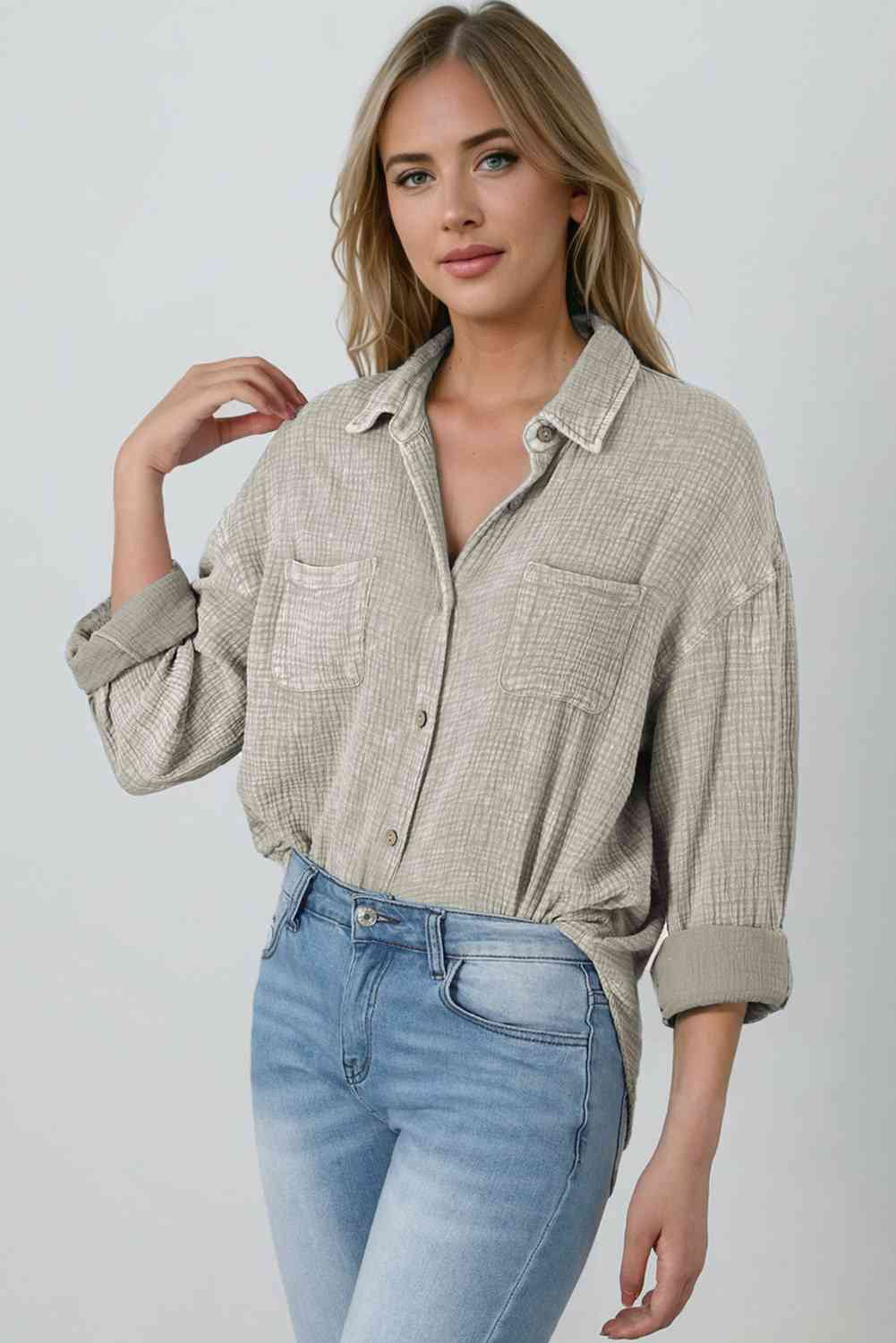 Blouse Textured With Buttons Clothes