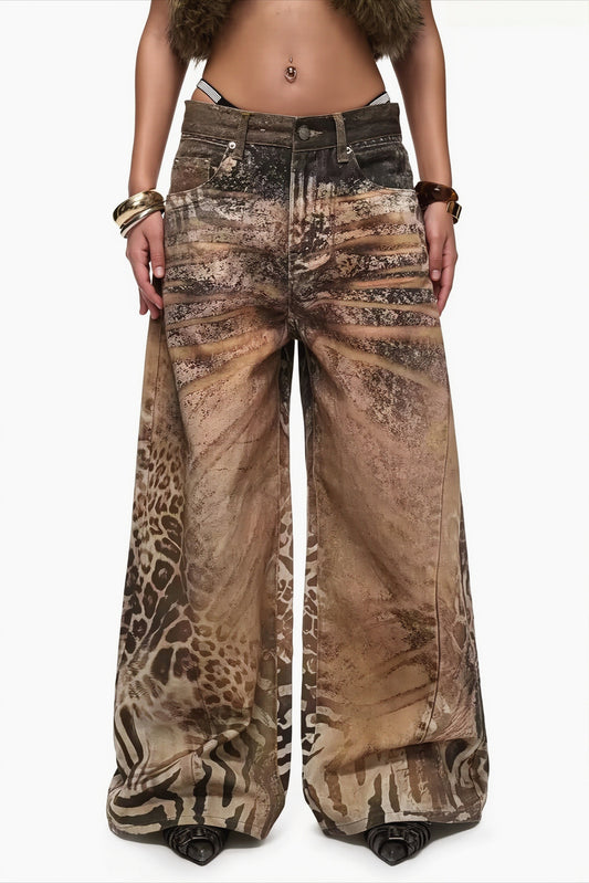 Leopard Zebra Print Wide Leg Jeans