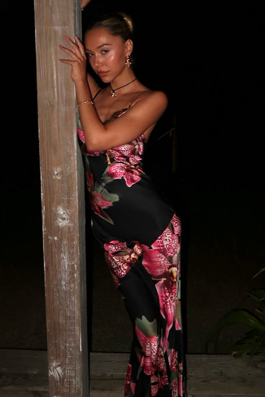 Vintage Blumenmuster V-Ausschnitt Cami Bodycon Maxikleid