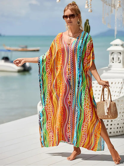 Colorful Striped V Neck Dolman Sleeve Maxi Dress