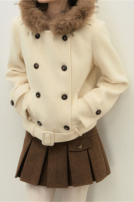Double Breasted Hooded Waist Cinched Thickened Wool Coat