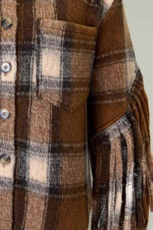 Plaid Fringe Wool Crop Coat