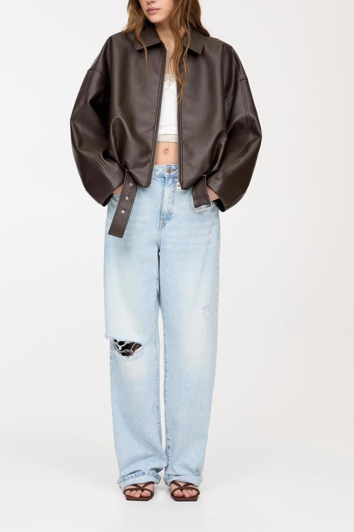 Retro Faux Leather Bomber Jacket