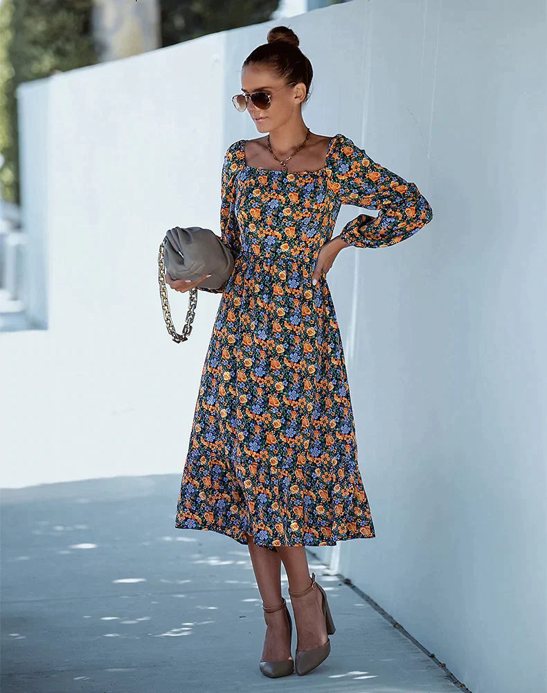 Printed Long Sleeve Dress with Square Collar