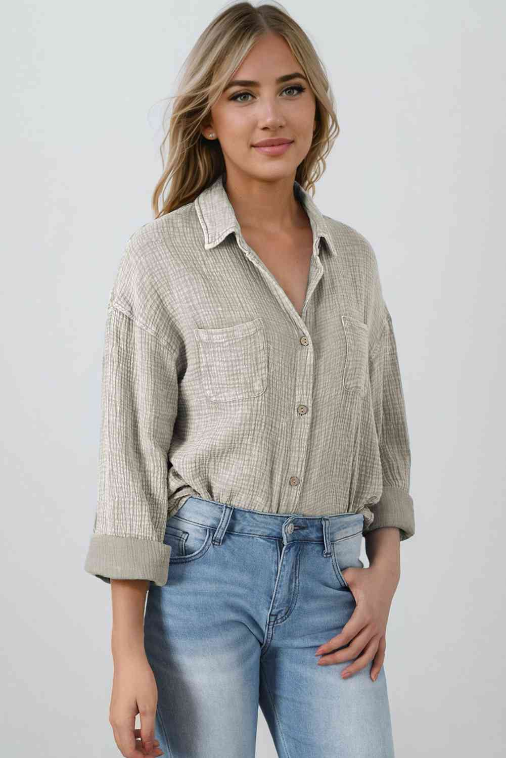 Blouse Textured With Buttons Clothes