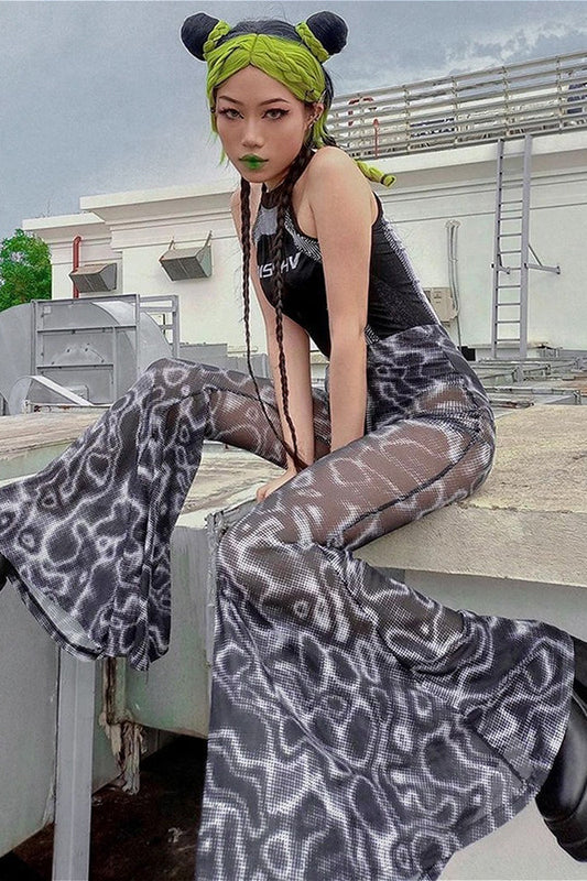 Pantalon évasé taille haute en maille fleurie