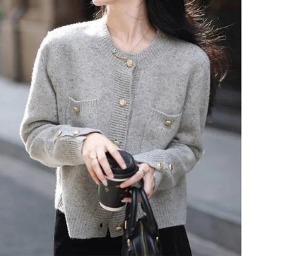 Solid Color Office Lady O-neck Cardigan