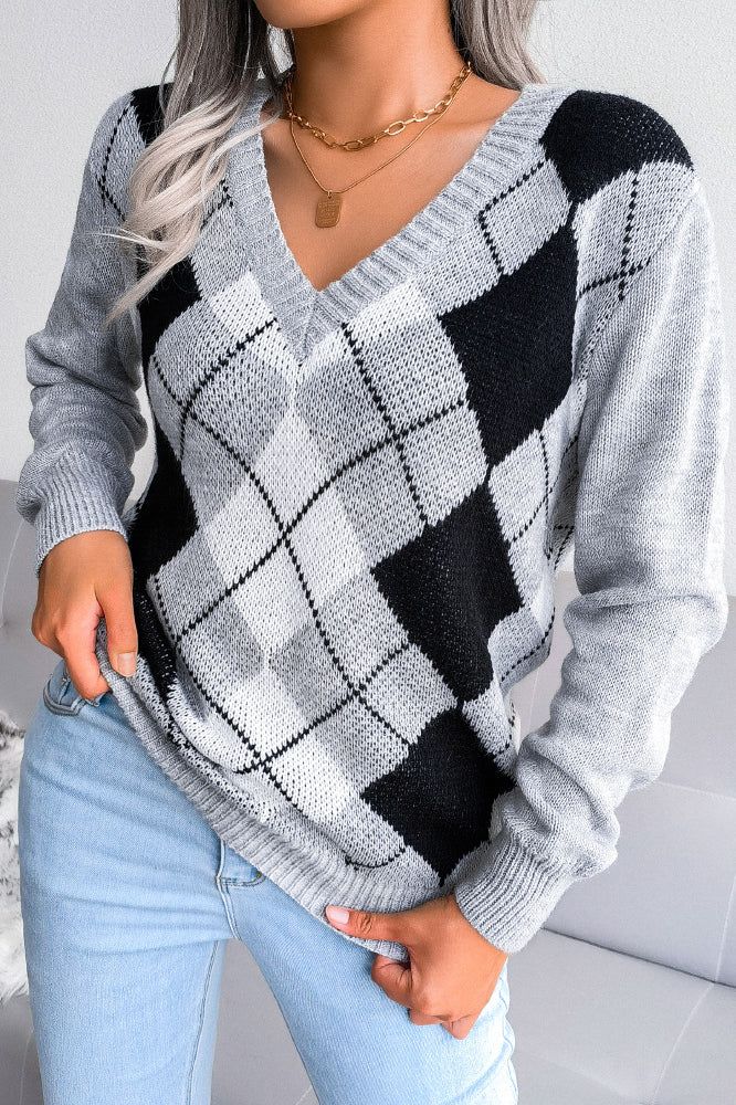 Argyle V Neck Knit Pullover Sweater