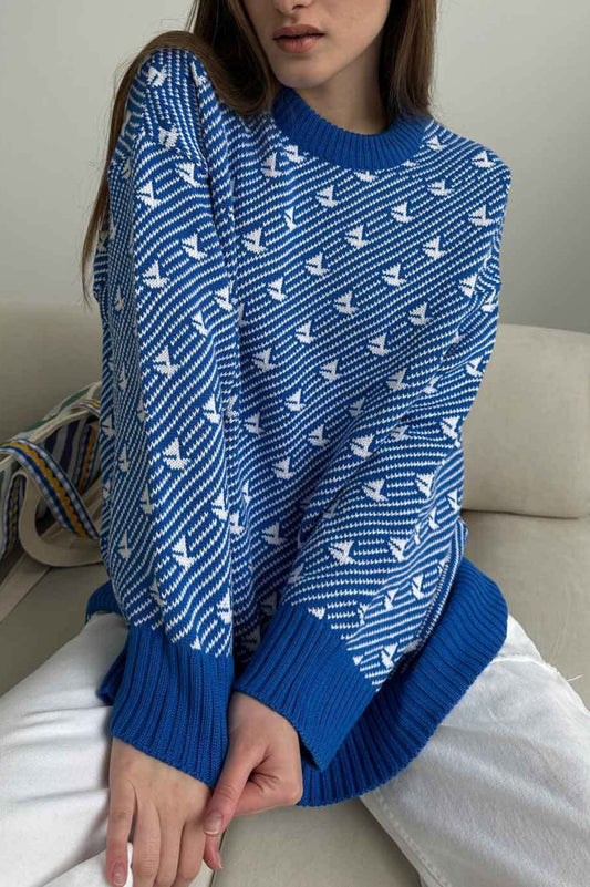 Sailboat Pattern Crew Neck Knit Sweater