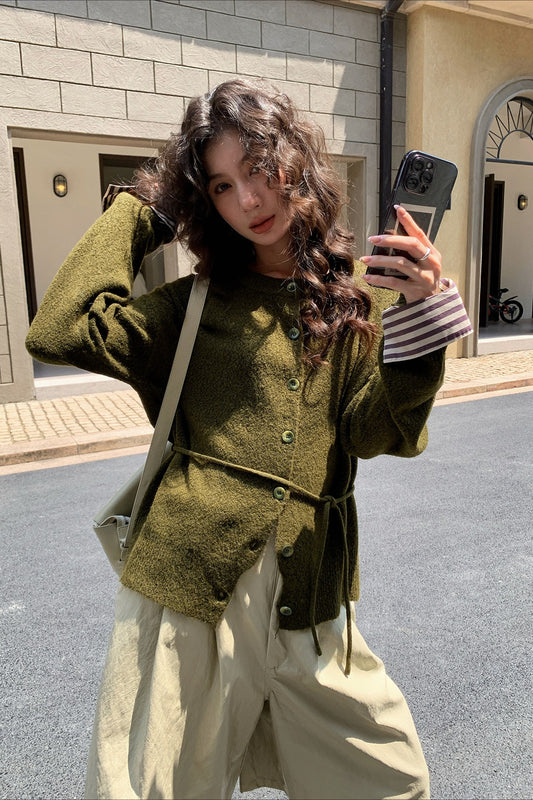 Color-Block Belted Lazy-Style Knit Cardigan