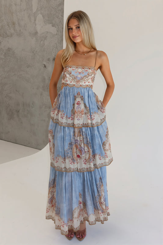 Embroidered Tiered Backless Maxi Dress