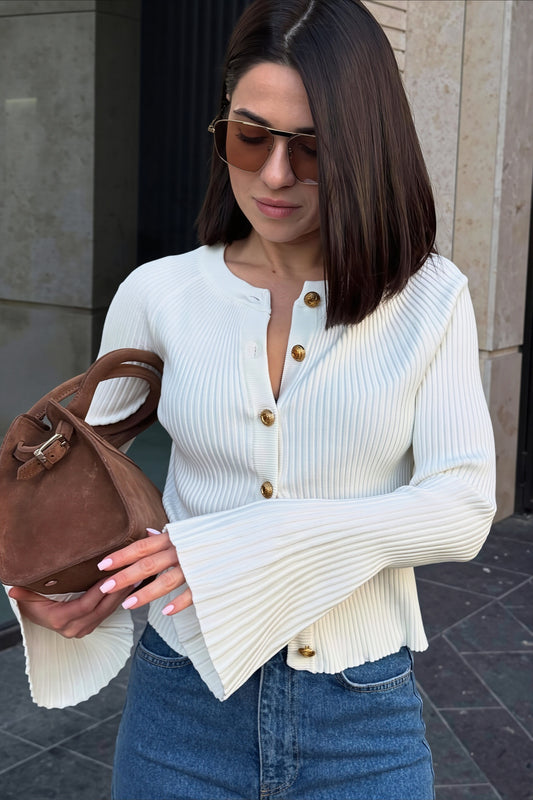 Ribbed Bell Sleeve Button Front Cardigan