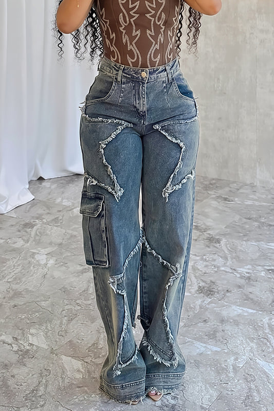 Raw Edge Curved Patchwork Cargo Jeans