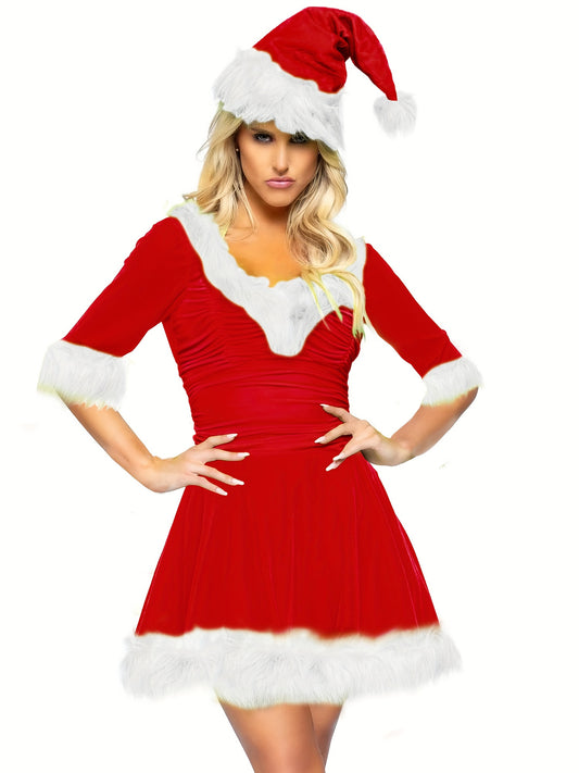 Plush Patchwork Half Sleeve V-Neck Dress for Women Christmas Costume