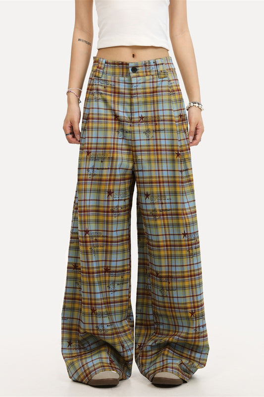 Star Plaid Drawstring Wide Leg Pants