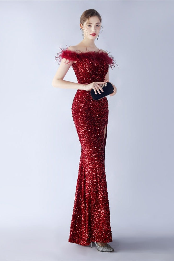 Velvet Sequin Ostrich Feather Off Shoulder Formal Dress