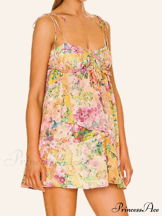 Bedrucktes Mini-Slip-Kleid mit Trägern und Bindeband 