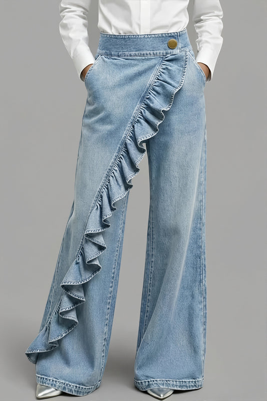 Asymmetric Ruffle Front Wide Leg Jeans