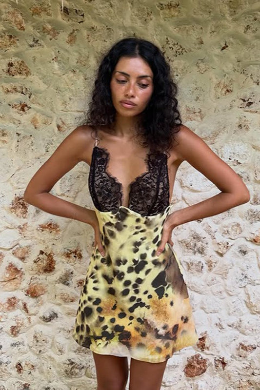 Lace Sleeveless Patchwork Printed Mini Dress
