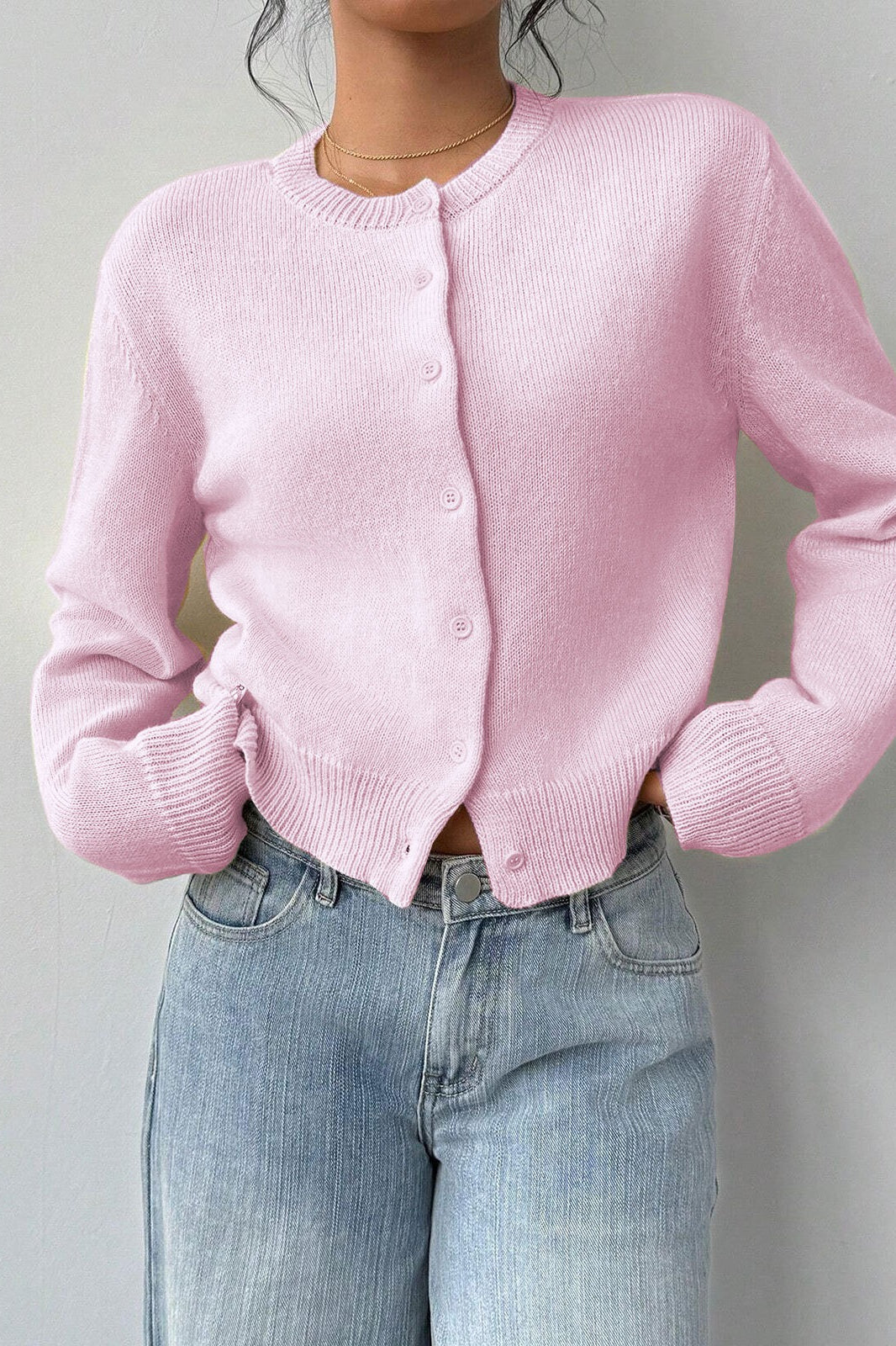 Lightweight Round Neck Button Cardigan S / Pink