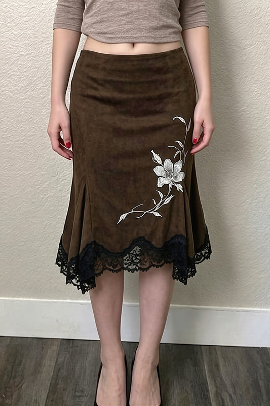 Floral Embroidered Lace Hem Midi Skirt
