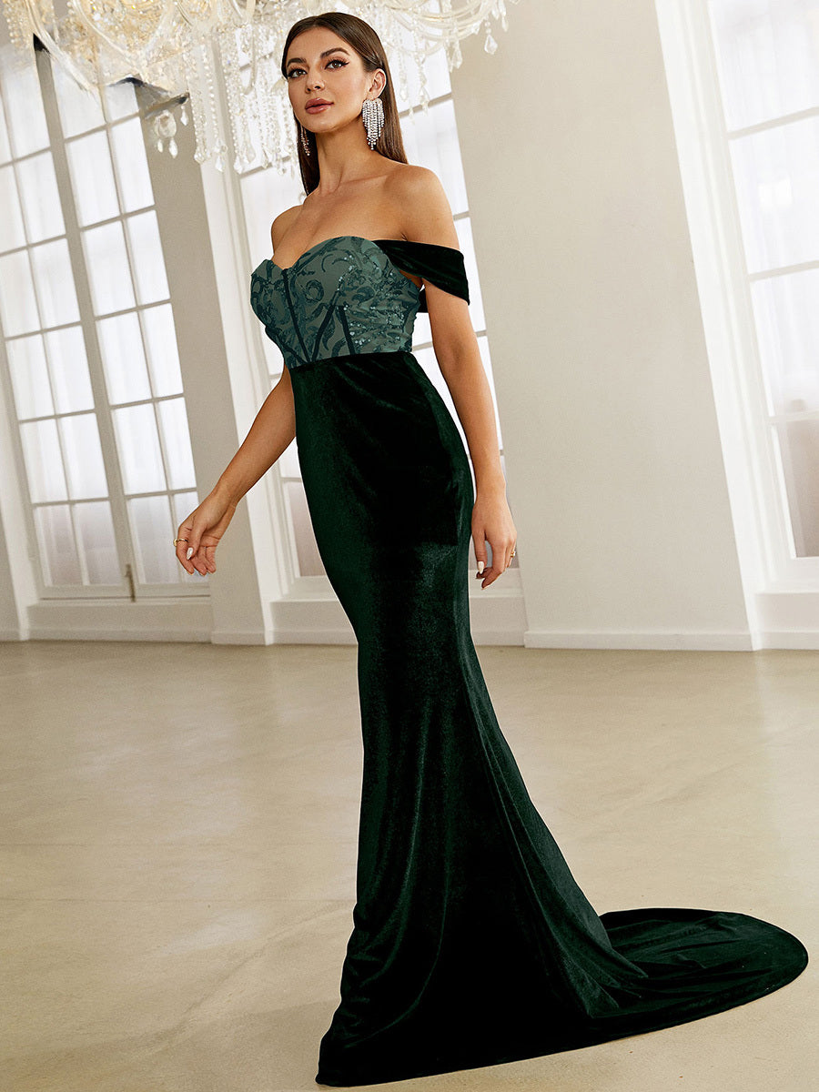 Green Velvet Evening Dress Elegant Off Shoulder Sequin Bodycon Maxi Christmas Party Dress